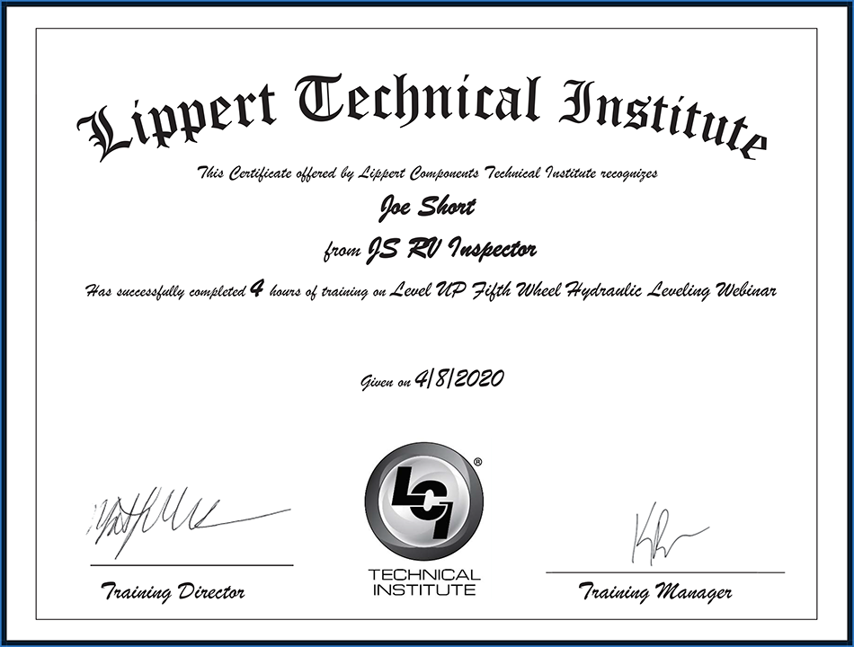 Lippert leveling certificate small